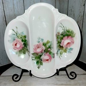 Vintage rose, triplet plate tray, porcelain glossy 9.5"  oblong, shabby and chic
